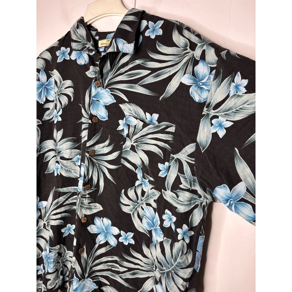 Tommy Bahama‎ Mens XXL Black Blue Floral Palm Leaf 100% Silk Hawaiian Camp Shirt